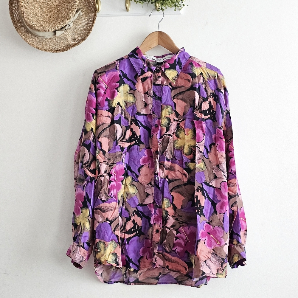 Vintage High Advantage Silk Floral Blouse Purple Pink Shoulder Pad 20W Top